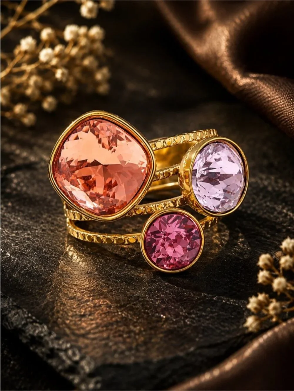 18 K Gold plated Stackable Ring Set with Peach, Lavender and Rose Stones